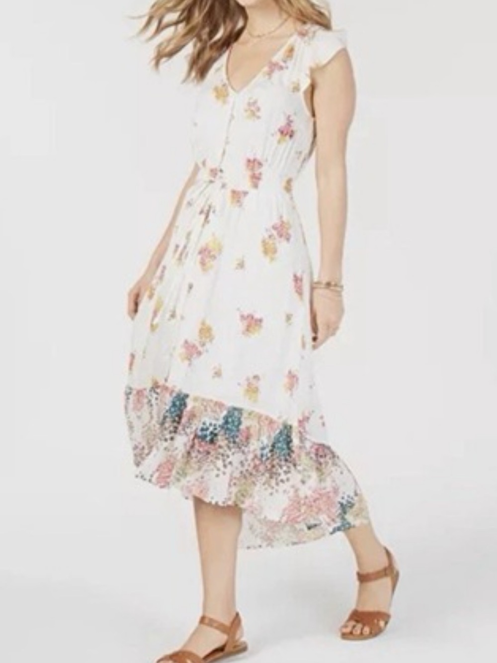 Lucky Brand XL Floral High Low Maxi Dress Flutter Sleeve Boho Cream